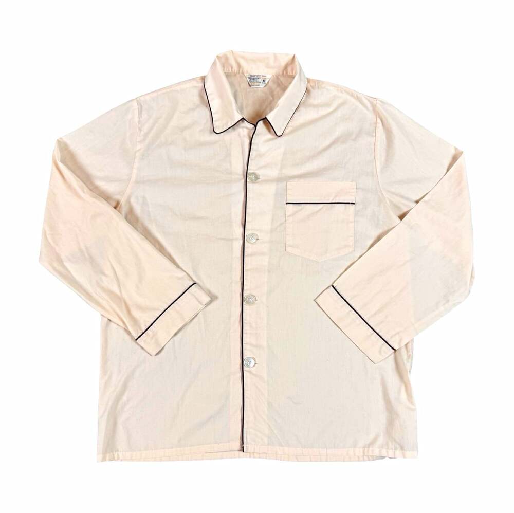Vintage 1960s JCPenny Men's Button Up Top M Beige Solid Button Front Long Sleeve